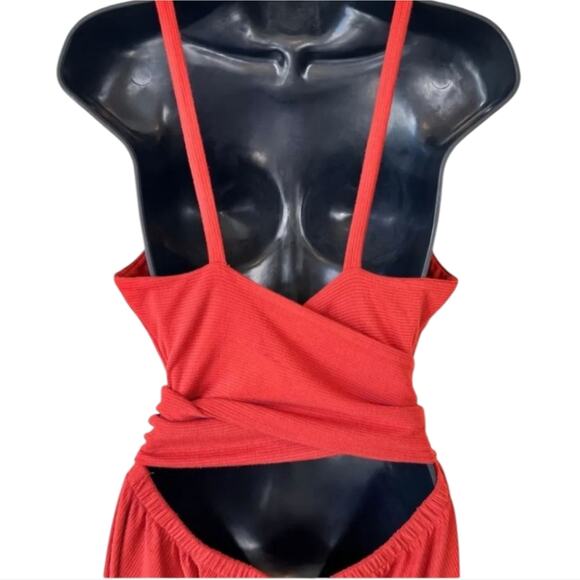 Loft Rust Red Orange Ribbed Sleeveless Tie-back Wrap Wide-Leg Jumpsuit Size XS - Picture 8 of 13